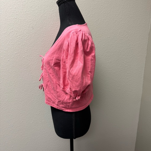 Free People Pink Tie Front Crop Top Puff Sleeve Boho Summer Festival Tee - Picture 4 of 13